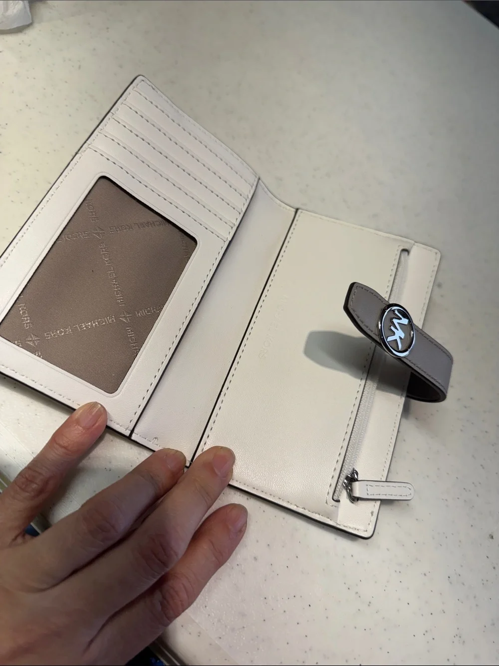 Michael Kors‎ White Wallet with Taupe Strap and Silver MK Emblem